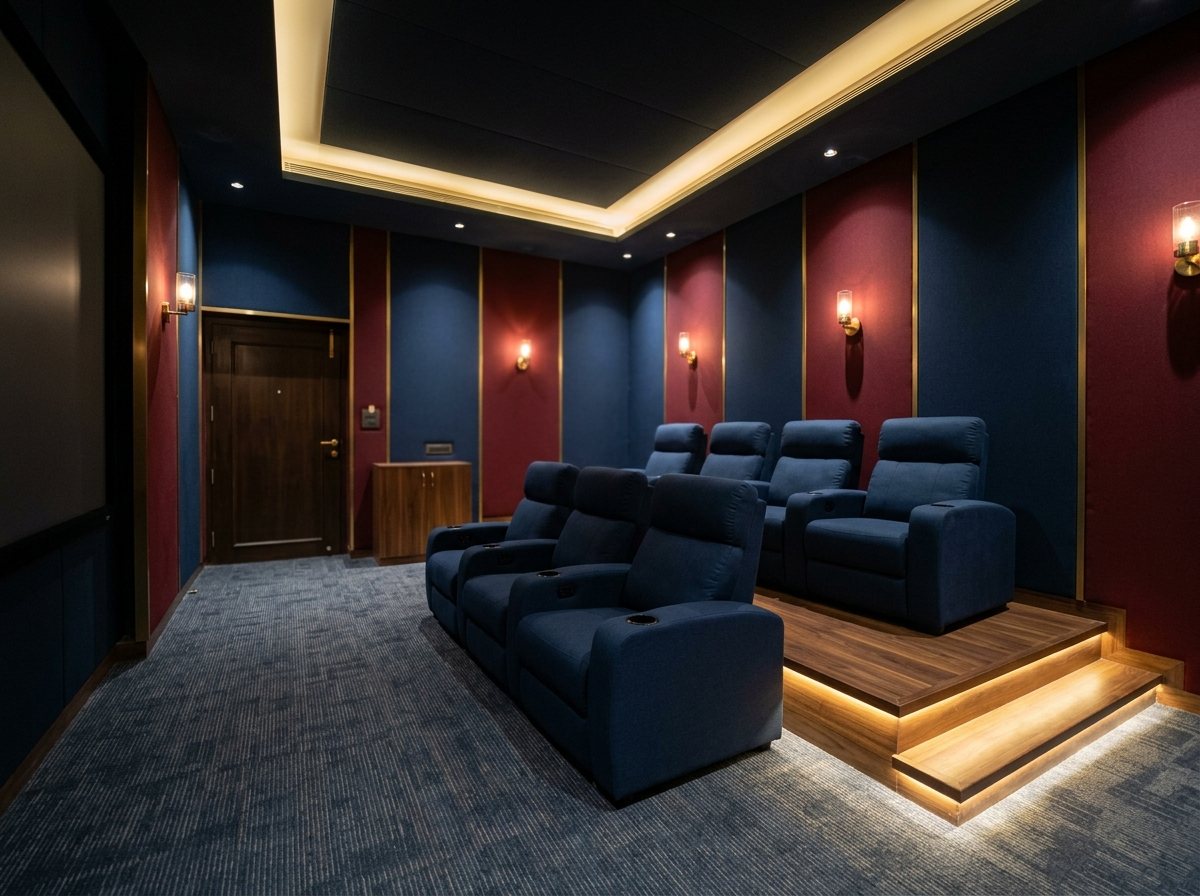 A dedicated home theatre with two rows of navy seats on a raised step, fabric wall panels and a large screen