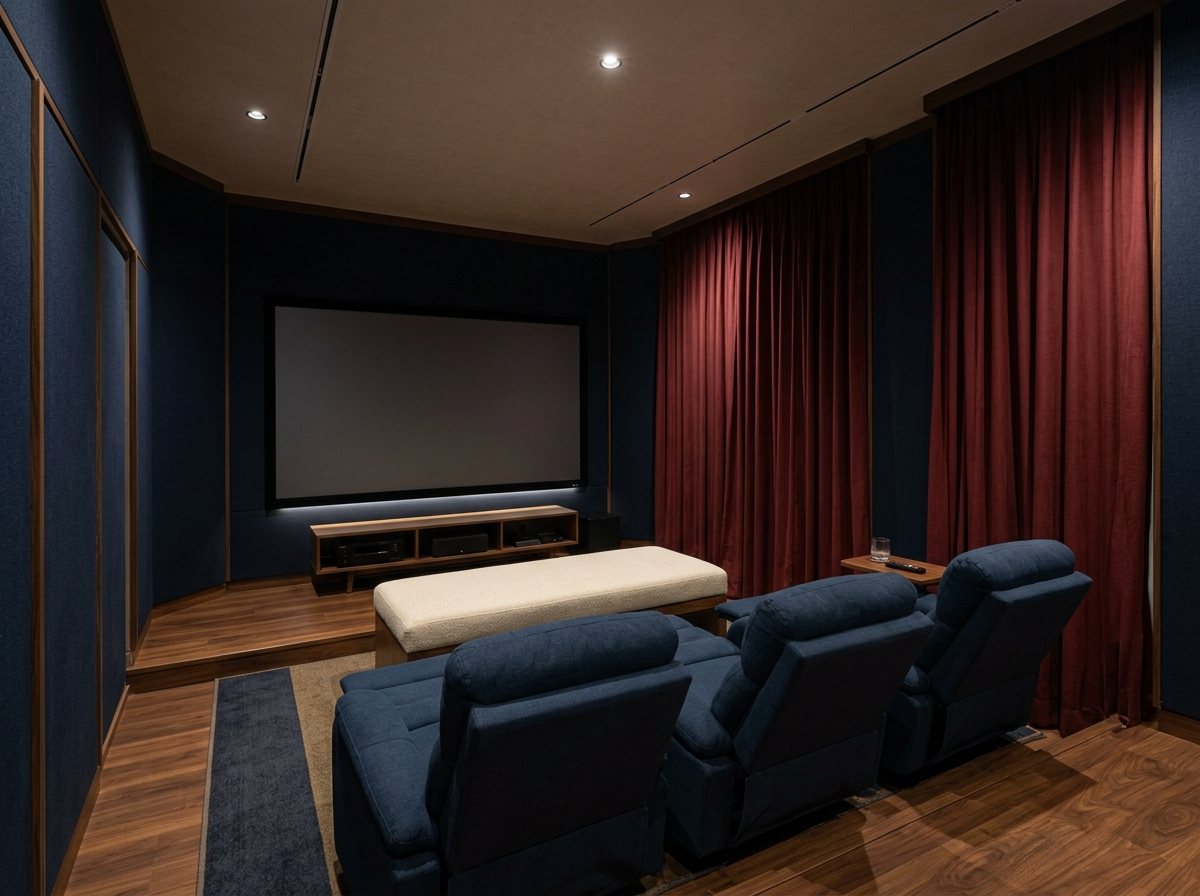 A spare bedroom turned into a small theatre, with one row of seats, fabric-lined walls and a large screen