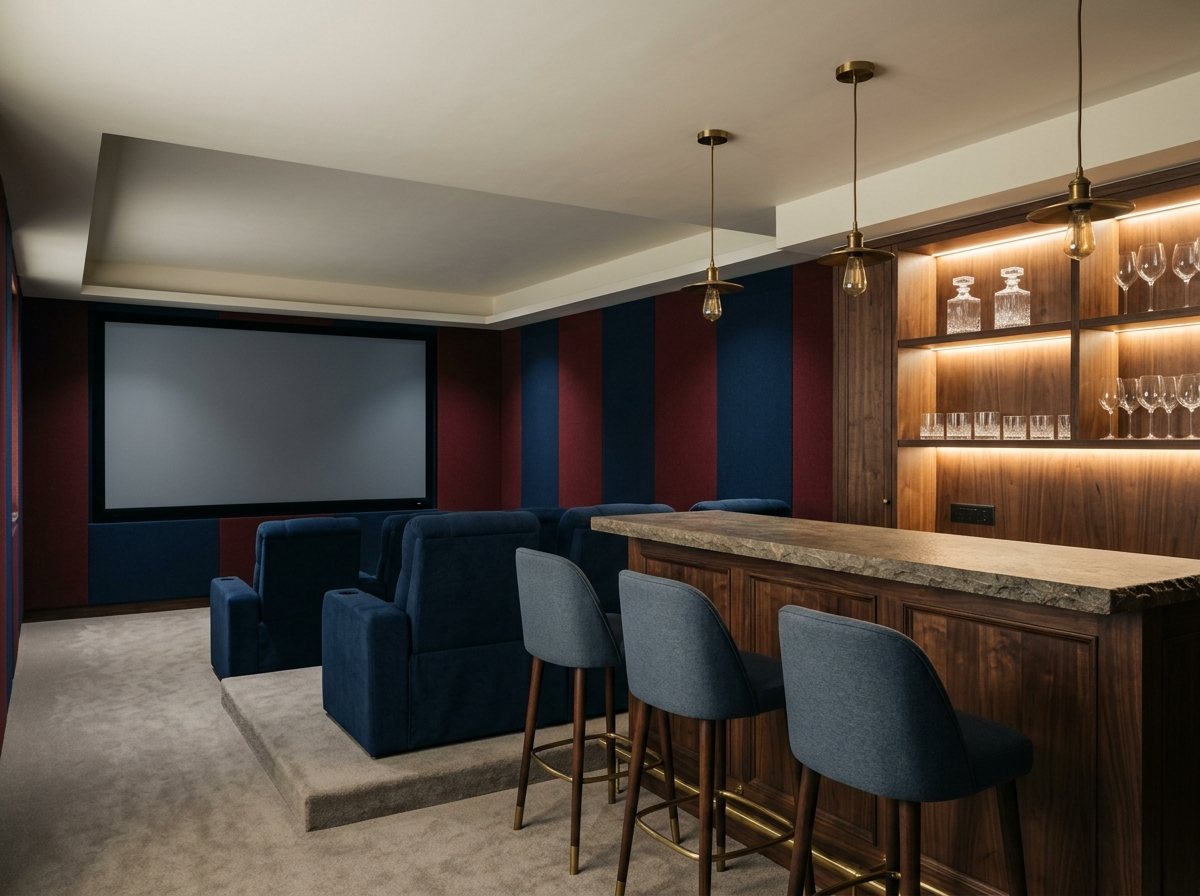 A home theatre lounge with a walnut bar counter and stools behind the seating, facing a large screen
