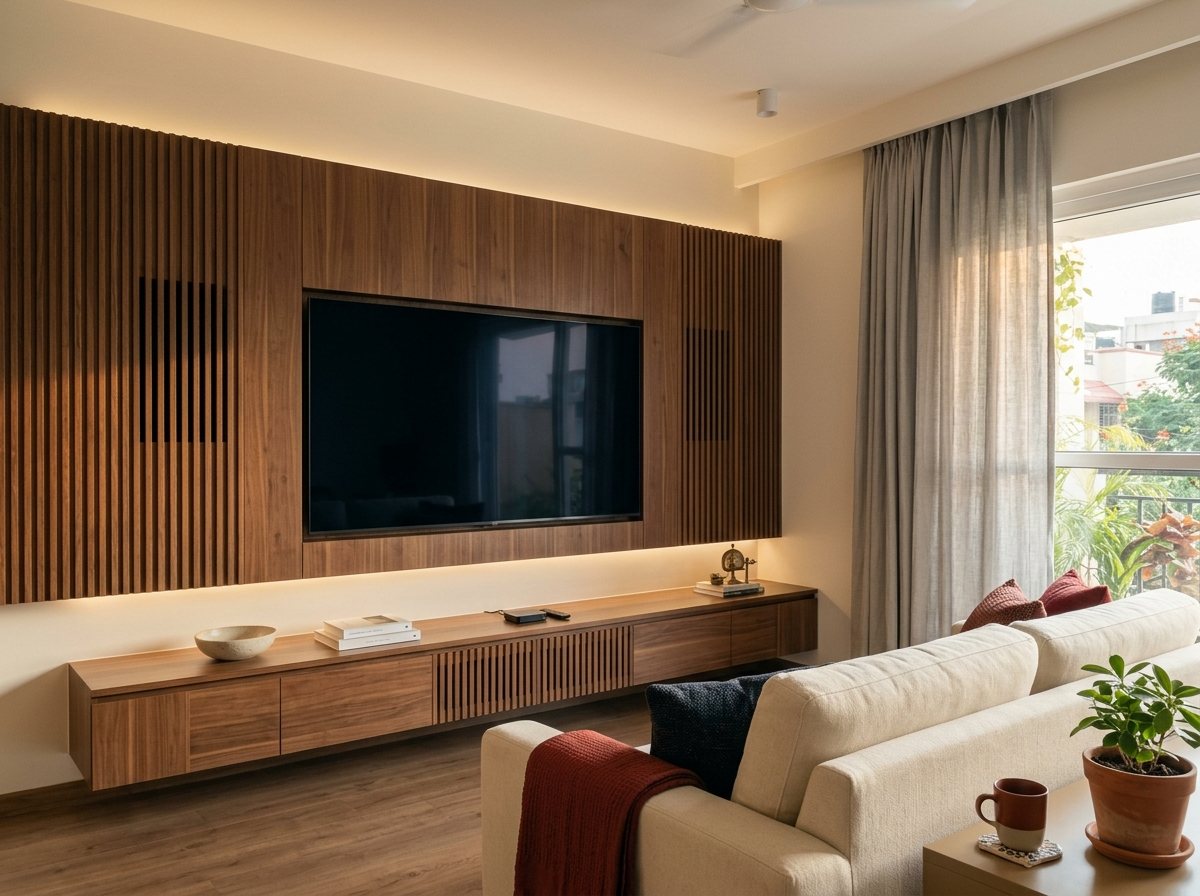A Bengaluru apartment living room with a TV set into a panelled wall and a low console below it